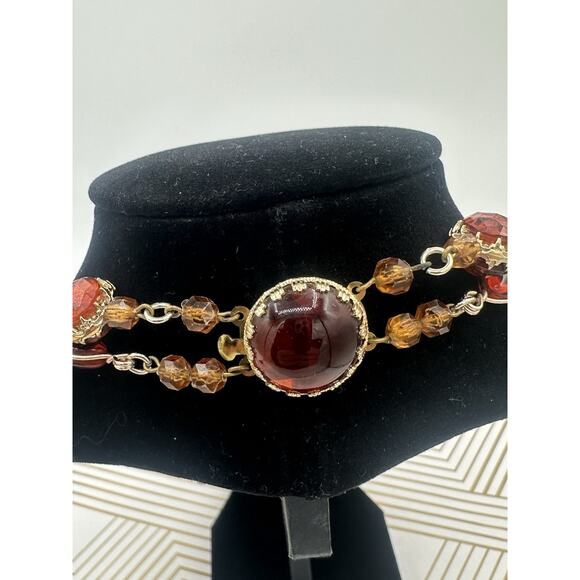 Unique Vintage 1970'S Lucite & MULTI-Strand Glass Bugle Gold Tone Necklace - Picture 1 of 7